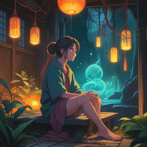 A serene and introspective scene depicting a person sitting with their knees crossed, surrounded by gentle ethereal light, symbols representing spiritual signs floating around, such as chakras and healing crystals, a calming nature backdrop, soft pastel colors, conveying a sense of peace and reflection, 4k