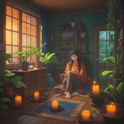 A serene scene depicting an individual relaxing in a cozy room, gentle sunlight streaming through the window, surrounded by calming plants and soothing candles, a bottle of essential oil prominently displayed, the aroma wafting in the air, peace and tranquility, warm color tones, a feeling of relief and comfort, 4k