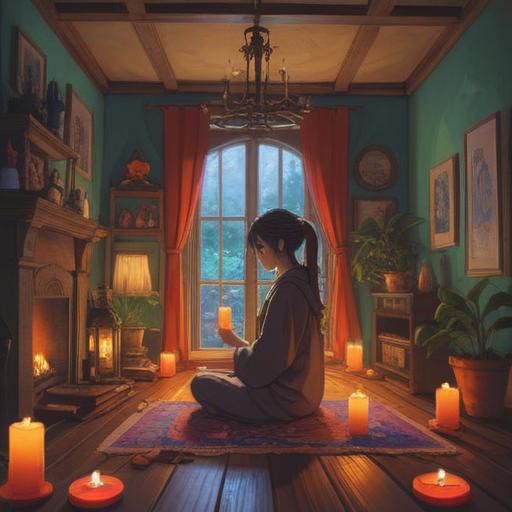 A serene and tranquil scene depicting a person meditating in a cozy room filled with aromatic candles and essential oil diffusers, soft natural light streaming through the window, lush greenery in the background, calming colors, a sense of peace and relaxation, mindfulness and wellness atmosphere, gentle steam rising from the diffusers, 4k