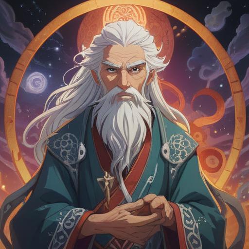A mystical illustration depicting a wise old figure with prominent white hair and exaggerated nose hair, surrounded by ethereal light and spiritual symbols, conveying wisdom and life experiences, serene forest setting, gentle breeze, vibrant colors, 4k
