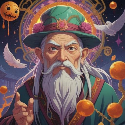 A whimsical illustration of a wise old sage, adorned with prominent white hair and playful nose hairs, surrounded by glowing symbols of spirituality, serene nature backdrop, vibrant colors, peaceful aura, detailed facial expressions, mystical atmosphere, 4k