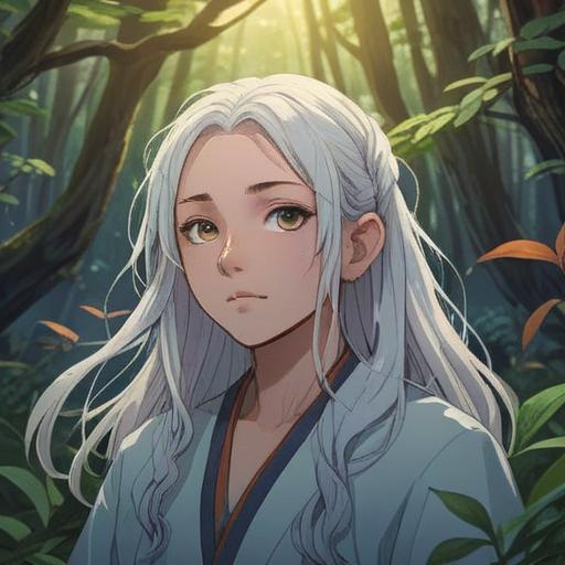 A mystical and serene scene depicting the emergence of nose hair and white hair as spiritual signs, gentle light shining through a lush forest, an ethereal aura surrounding a wise figure, inviting nature elements like flowers and leaves that symbolize transformation, deep connection to the universe, contemplative expression, 4k