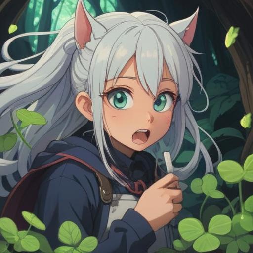 A whimsical illustration of a surprised character discovering white hair and nose hair, surrounded by lucky charms like four-leaf clovers and horseshoes, vibrant colors, playful expression, humorous detail, enchanting background, magical atmosphere, focus on the character’s facial expression, 4k