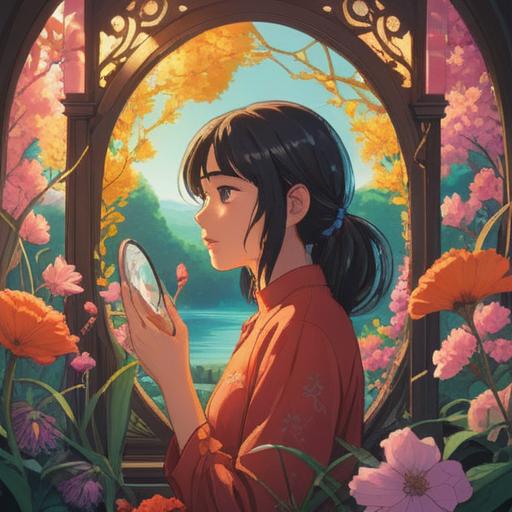 A serene moment of self-reflection, a person gazing into a tranquil mirror, surrounded by vibrant flowers symbolizing change, soft sunlight illuminating the scene, a gentle breeze stirring the petals, conveying a sense of inner peace and acceptance, symbolic representation of embracing personal transformation, warm and inviting colors, capturing the essence of mindfulness, 4k