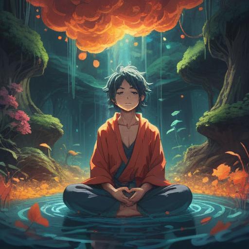 A conceptual illustration exploring the spiritual meaning of a runny nose, ethereal atmosphere, flowing colors representing energy release, a character meditating in a serene environment, visual metaphors of cleansing and renewal, soft light illuminating the scene, symbolic elements like water flowing and gentle breezes, 4k