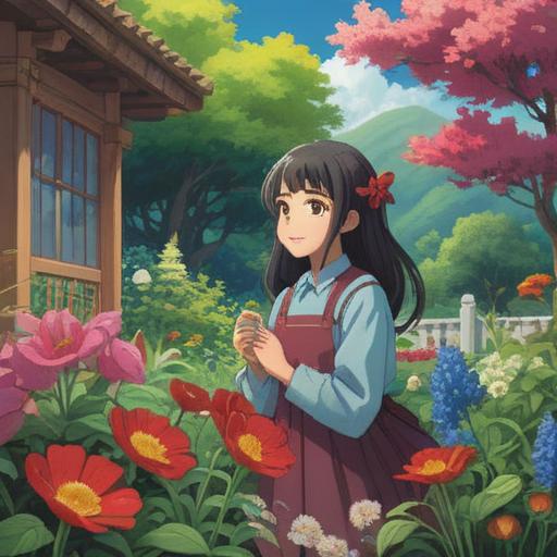 A serene scene depicting a person with a gentle smile, softly inhaling the fresh air in a peaceful garden, surrounded by blooming flowers and vibrant greenery, sunlight filtering through the leaves, a subtle sparkle in the air suggesting positive energy, a sense of healing and renewal, 4k