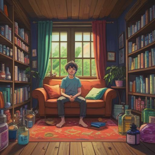 A cozy indoor scene, a person with a sniffle sitting comfortably on a sofa, surrounded by an array of colorful essential oil bottles, soft light illuminating the space, a gentle aroma wafting through the air, plants in the background, relaxed atmosphere, inviting decor, promoting wellness and comfort, 4k