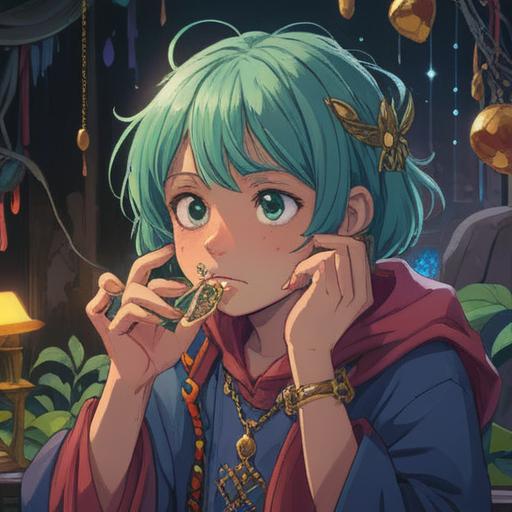 A whimsical scene depicting a person with a whimsical expression, scratching their nose with one hand, surrounded by sparkling lucky jewelry, colorful gems and charms glinting in the light, a magical ambiance, vibrant colors, playful mood, detailed textures on the jewelry, 4k