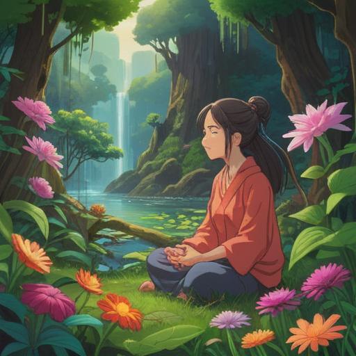 A serene illustration depicting a peaceful moment of meditation, calming natural surroundings, vibrant flowers representing healing, a gentle breeze symbolizing relief from nasal congestion, soft light illuminating the scene, a person in a meditative pose, surrounded by auras of positive energy, spiritual symbols and lucky charms, 4k