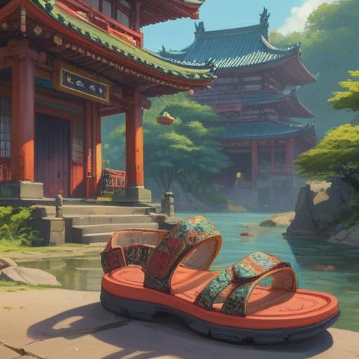 A serene and reflective scene, an ancient Japanese temple, a pair of traditional sandals with broken straps, a calm and ethereal atmosphere, soft sunlight filtering through cherry blossom trees, symbolic representation of spiritual growth and transformation, gentle breeze rustling leaves, visual metaphor for letting go and renewal, 4k