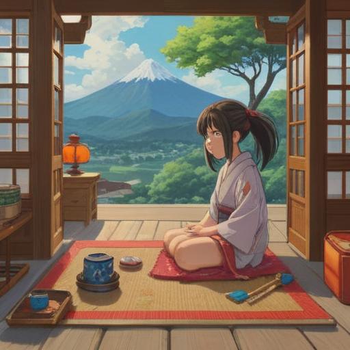 A serene scene depicting a traditional Japanese setting, a person sitting peacefully on a tatami mat, a broken pair of geta sandals beside them, ethereal light emanating from the sandals, symbolic elements representing spiritual growth and transformation, cherry blossoms gently falling, soft focus, tranquil atmosphere, reflecting on new beginnings, harmonious color palette, 4k
