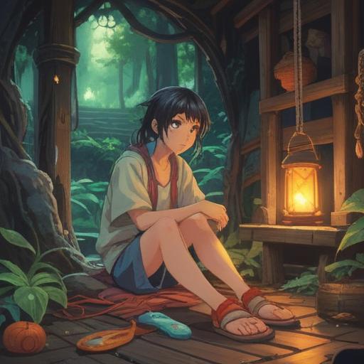 A serene and mystical scene depicting a person sitting with a broken strap of their traditional sandals, surrounded by ethereal light, symbols of spiritual awakening floating around, gentle nature elements like cherry blossoms falling softly, a tranquil expression on their face, deep reflection, 4k