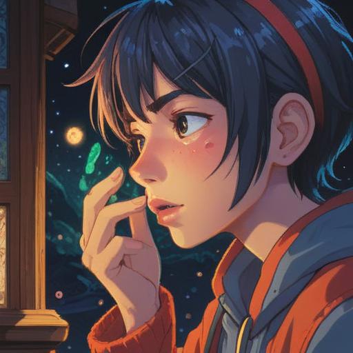 A close-up illustration of a person examining their nose, showing a prominent pimple on the side, surrounded by ethereal light symbols, a mystical aura swirling around, representing spiritual signs and messages, calming colors, soft focus, detailed facial features, introspective atmosphere, 4k