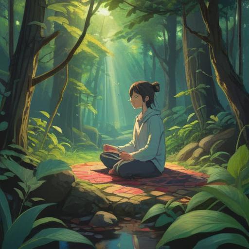 A serene and calming scene of a person meditating in a tranquil environment, surrounded by nature, soft light filtering through leaves, gentle colors reflecting a sense of peace, crystals placed around them symbolizing healing, a subtle glow representing energy flow, harmonious connection between mind and skin, focused facial expression of serenity, 4k