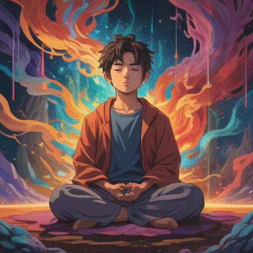 A mystical and introspective scene, a person meditating with closed eyes, surrounded by swirling colorful energy, representing emotions and thoughts, ethereal light illuminating the face, symbolic representations of clarity and healing, serene environment, nature elements like trees and flowers, a sense of peace and calm, 4k
