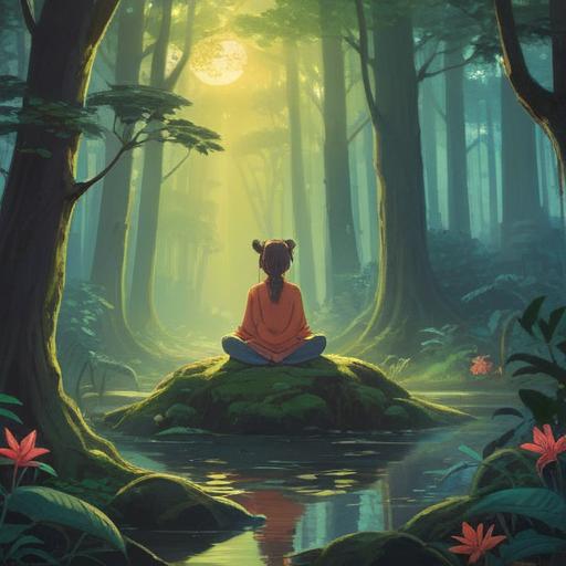 A serene and mystical scene depicting a person meditating in a tranquil forest, surrounded by ethereal light, symbolizing spiritual awakening, a subtle aura around their head, gentle flowing energies, nature's harmony, lush greenery, soft whispers of the wind, calm and peaceful atmosphere, vibrant colors reflecting inner peace, 4k