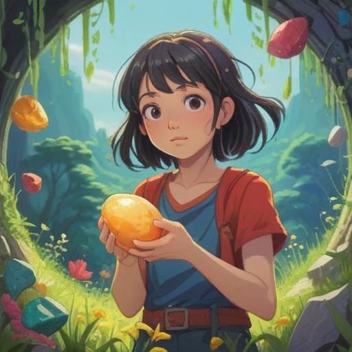 A whimsical illustration of a person holding a lucky stone, surrounded by floating pollen particles, vivid and colorful, depicting a sunny day in a blooming field, the person's expression a mix of curiosity and slight annoyance, intricate details of the stone shimmering, representing luck and comfort, a gentle breeze flowing through the scene, 4k