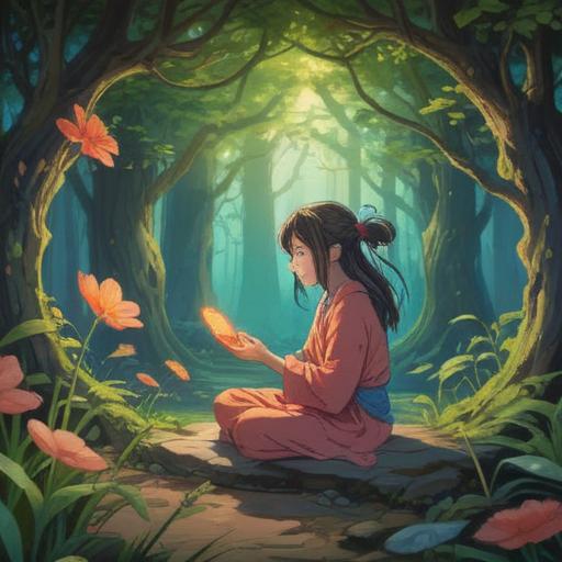 A whimsical scene depicting the connection between a ticklish nose and spiritual messages, a serene figure meditating with a gentle breeze, colorful ethereal light swirling around, floral elements representing intuition and insight, a soft glow illuminating the environment, peaceful and reflective atmosphere, harmonious blend of nature and spirituality, 4k