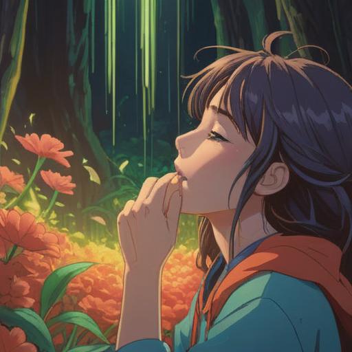 A serene, introspective scene depicting a person gently touching their nose, surrounded by ethereal light, symbolizing spiritual awakening and inner contemplation, soft pastel colors, tranquil atmosphere, nature elements like blossoms and flowing water in the background, mystical energy radiating from the touch, soft glow around the character, 4k