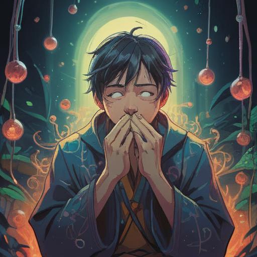 A mystical illustration depicting a person gently scratching their nose, surrounded by ethereal symbols and soft light, a serene atmosphere, spiritual energy radiating, featuring nature elements like flowers and butterflies, dreamlike colors, representing heightened intuition and awareness, 4k