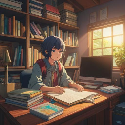 An organized desk filled with colorful notebooks, categorized files, and sticky notes, a focused student writing notes, bright sunlight streaming through the window, a feeling of productivity and clarity, vibrant and inviting atmosphere, 4k