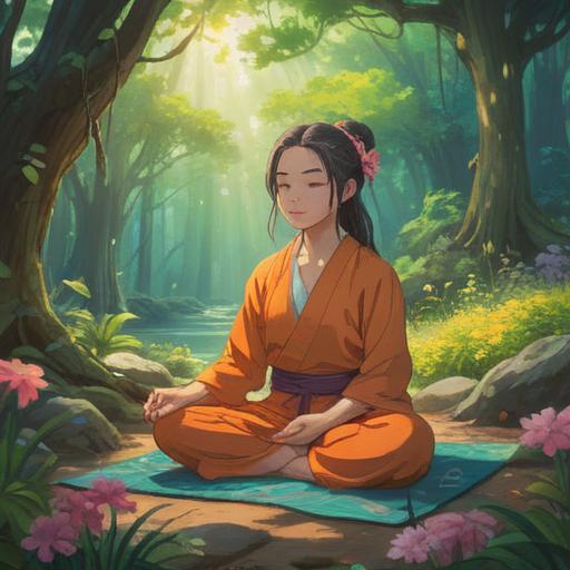 A person peacefully meditating in a serene natural setting, surrounded by vibrant flowers and gentle sunlight, a luminous aura around their head, symbolizing spiritual awakening, soft colors, ethereal atmosphere, harmonious connection with nature, gentle breeze, 4k