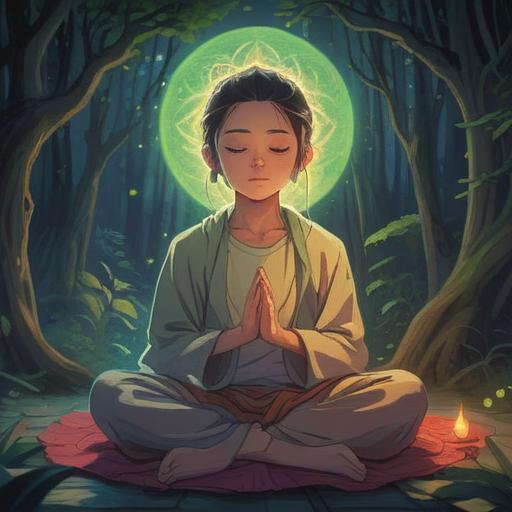A serene and mystical illustration, a person meditating with closed eyes, a glow emanating from the nose, symbolic representations of spiritual signs surrounding them, floral patterns and ethereal lights, calming color palette, tranquil expression, nature elements in the background, inviting atmosphere, harmony and balance, 4k