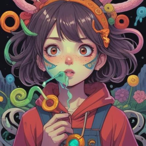 A whimsical illustration of a person discovering a lucky charm inside their nose, bright colors, humorous expression, surreal elements, playful atmosphere, detailed facial features, imaginative background, luck symbolisms, 4k