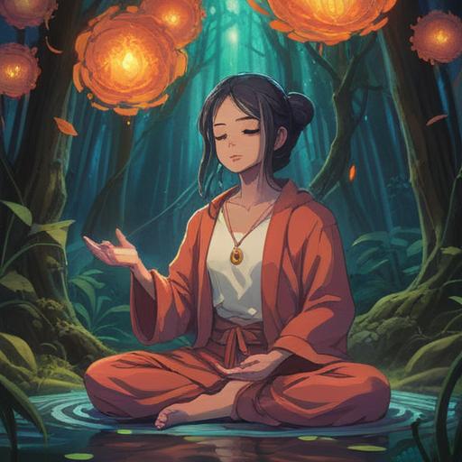 A mystical and serene illustration depicting a person meditating, glowing energy around their head, symbolic representations of inner healing, nature elements like flowers and crystals, soft light illuminating the scene, harmonious colors, visual metaphors of spirituality and self-discovery, 4k