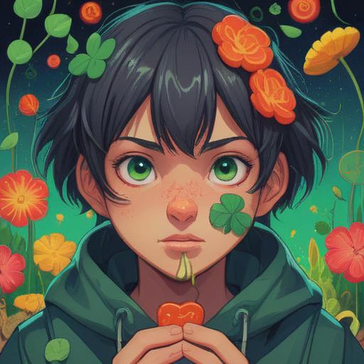 A whimsical illustration of a person with a small bump inside their nose, surrounded by various lucky items like a four-leaf clover, a horseshoe, a lucky coin, and a rabbit's foot, vibrant colors, playful and humorous atmosphere, detailed facial expression showing surprise and curiosity, engaging composition, 4k