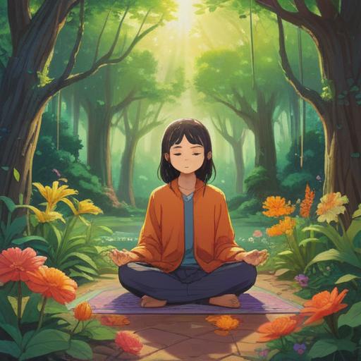 A serene scene depicting a person meditating in a tranquil garden, surrounded by blooming flowers, soft light filtering through trees, a gentle breeze, vibrant colors, symbolizing harmony and connection with nature, spiritual awakening, allergy relief as a sign of cleansing, 4k