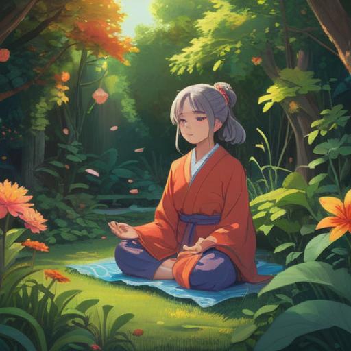 A serene and introspective scene, a person meditating in a tranquil garden, vibrant flowers surrounding, gentle breeze rustling leaves, ethereal light filtering through trees, symbols of spirituality like chakras subtly integrated, a delicate aura emanating from the person, a sense of deep connection with nature, peaceful ambiance, 4k