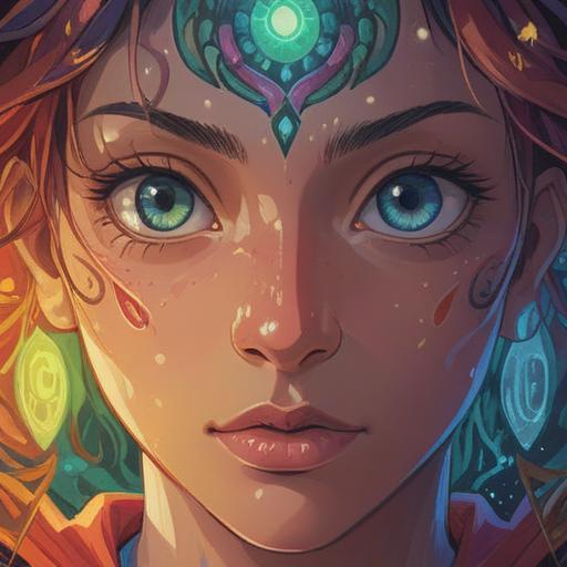 A close-up illustration of a person's nose with a noticeable bump, surrounded by ethereal light, symbols of spirituality like chakras and mandalas in the background, a serene expression on the person's face, vibrant colors, mystical atmosphere, conveying a sense of positive energy and transformative growth, 4k