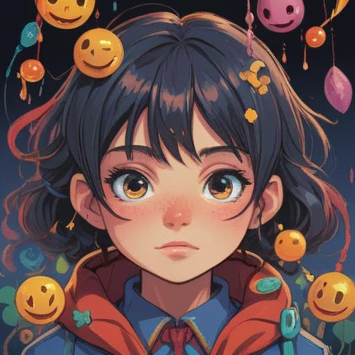 A whimsical illustration of a person with a small pimple on their nose, surrounded by good luck charms, vibrant colors, cheerful atmosphere, intricate details in the charm designs, playful expressions, emphasizing positivity and fortune, 4k