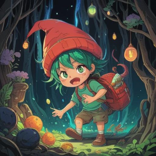 A whimsical illustration depicting a tiny spirit emerging from a cartoon-like booger, vibrant colors, playful atmosphere, uplifting energy, surrounded by glowing symbols of spirituality, nature elements, cheerful expression, captivating details, enchanting scene, 4k