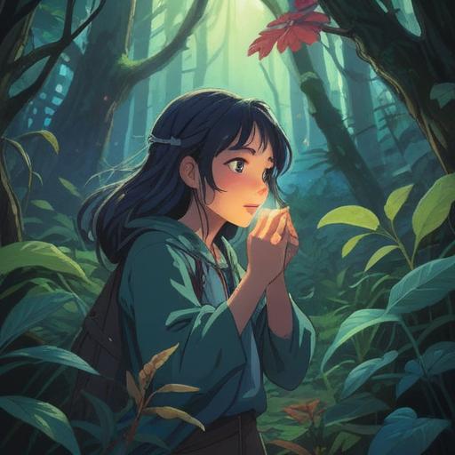 A serene and mystical illustration, a person gently rubbing their nose in a calming forest, vibrant flora surrounding them, ethereal light filtering through the trees, symbolic spirit animals observing quietly, a sense of inner peace and awareness, rich colors, detailed textures, spiritual energy emanating from the figure, 4k