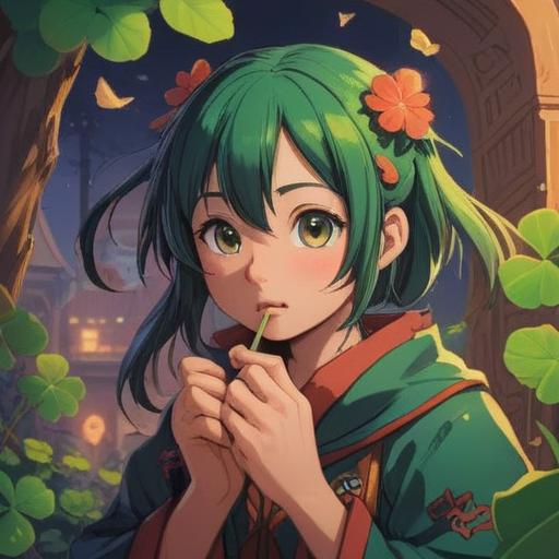 A whimsical scene depicting a person scratching their nose with a cheerful expression, surrounded by symbols of luck such as four-leaf clovers and lucky horseshoes, bright colors, playful atmosphere, cartoonish style, detailed background with a sunny landscape, emphasizing joy and positivity, 4k