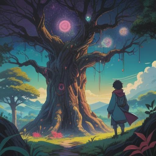 A vivid illustration depicting a large-nosed figure standing under a mystical tree, vibrant colors, symbols of spiritual significance surrounding the character, soft ethereal glow, gentle wind swaying the leaves, expressions of enlightenment and awareness, a serene and reflective atmosphere, detailed depiction of the character's features, harmonious blend of nature and spirituality, 4k