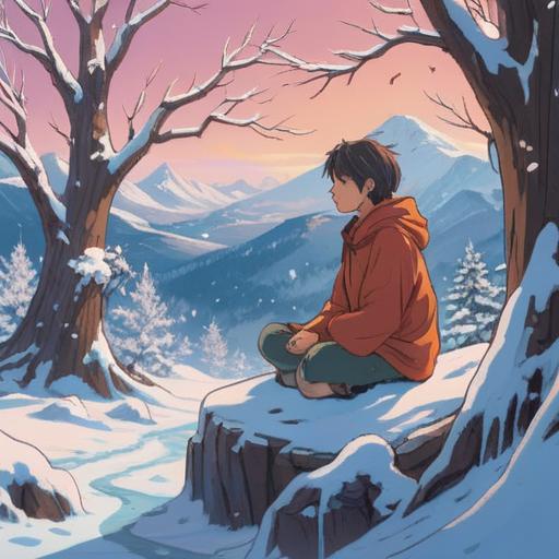 A serene and mystical scene depicting a person sitting in meditation in a snowy landscape, feeling the chill on their nose, surrounded by softly falling snowflakes, a gentle glow illuminating their face, ethereal light reflecting the spiritual awakening, tranquil water flowing nearby, warm feelings of connection to nature, 4k