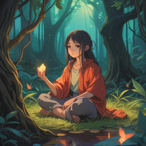 A serene nature scene, a person sitting cross-legged in meditation, ethereal light surrounding them, a gentle breeze rustling the leaves, a sense of tranquility and spiritual awakening, soft focus on the person's face showing peace and insight, luminous aura, symbolizing clarity and connection with the universe, harmonious colors, 4k