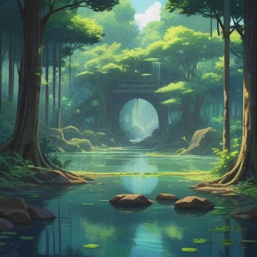 A serene landscape depicting a tranquil meditation space, surrounded by lush greenery and gentle flowing water, soft morning light filtering through the trees, a figure sitting cross-legged in deep meditation, ethereal light illuminating the scene, symbols of mindfulness and spirituality, inviting and calming ambiance, 4k