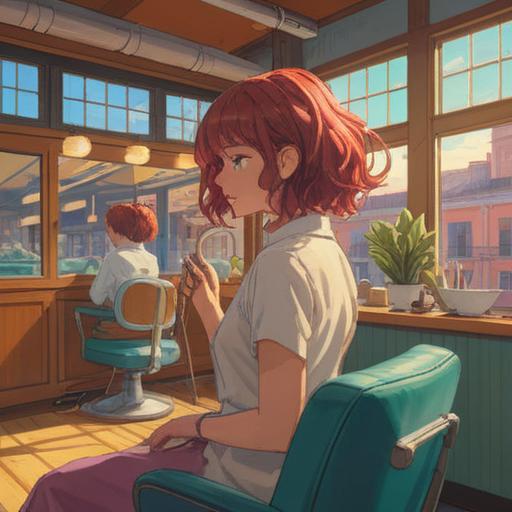 A serene and uplifting scene in a hair salon, warm sunlight filtering through the windows, a client receiving a transformative haircut, vibrant hair colors symbolizing change, reflections of positive energy and spiritual growth, soothing ambiance with plants and aromatherapy, professional stylist with a calming presence, artistic tools scattered around, deep sense of rejuvenation and enlightenment, 4k