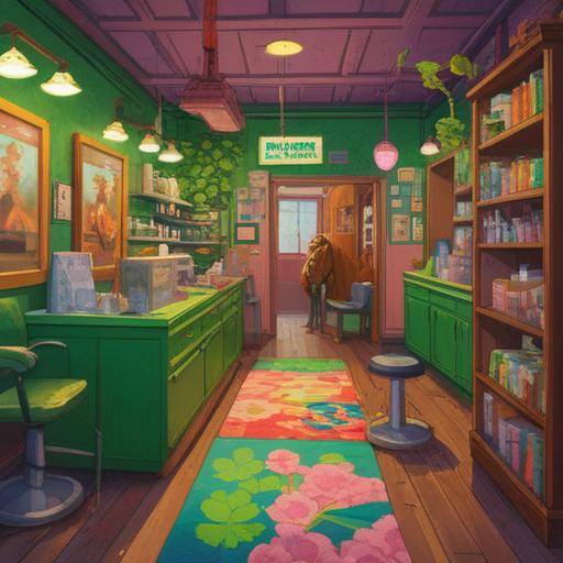 A vibrant and uplifting illustration of a beauty salon, showcasing a variety of lucky items like four-leaf clovers, horseshoes, and crystals, customers expressing joy and confidence after their transformations, bright colors, inviting atmosphere, details of hair styling stations, mirrors reflecting happy faces, positive energy, 4k