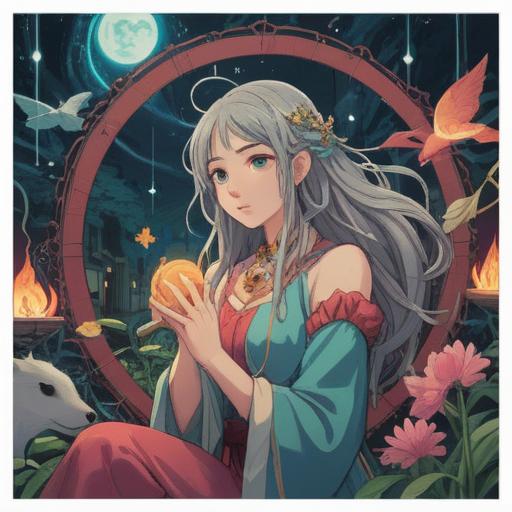 A serene and ethereal illustration of a beautiful woman surrounded by mystical symbols, representing the concept of beauty and its fleeting nature, soft and luminous color palette, delicate floral elements intertwined with the figures, a tranquil and spiritual atmosphere, wisps of mist and glowing lights, a reflective and introspective mood, 4k