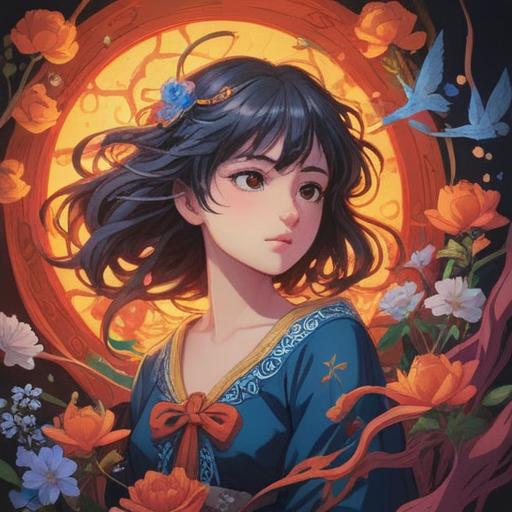 A beautiful woman with a serene expression, surrounded by ethereal light, symbolic elements representing life and death, delicate flowers symbolizing fragility, a tranquil landscape in the background, soft pastel colors, mystical aura, spiritual signs manifesting as glowing orbs, harmonious composition, 4k