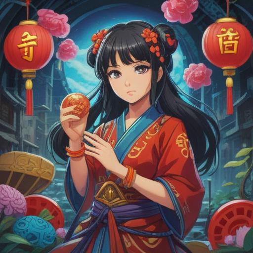 A beautiful woman holding a colorful lucky charm, surrounded by symbols of good fortune, vibrant colors, serene expression, uplifting atmosphere, delicate details, flourishing nature in the background, representing hope and resilience, high resolution