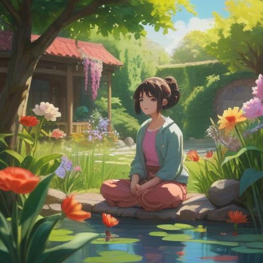 A serene self-reflection scene, a person meditating in a tranquil garden, surrounded by blooming flowers and gentle sunlight, peaceful expression, elements of mindfulness, soothing colors, harmony with nature, soft breeze, calm atmosphere, emphasizing personal growth and beauty standards, 4k