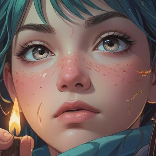 A close-up illustration of an eyebrow with a highlighted pimple, mystical aura surrounding it, soft glow effects, intricate details, spiritual symbols in the background, serene expression on the face, harmonious colors, calming atmosphere, 4k