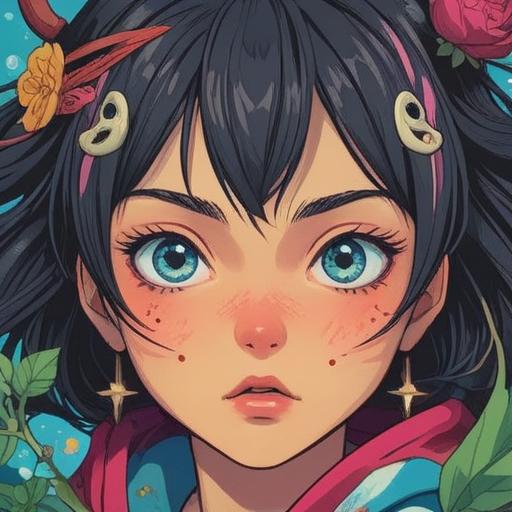 A vibrant illustration capturing the moment of discovering a pimple within the eyebrows, an unexpected twist of luck, whimsical atmosphere, exaggerated facial expressions, playful elements of aromatherapy, colorful aromatherapy bottles, soft lighting, cartoonish style, 4k