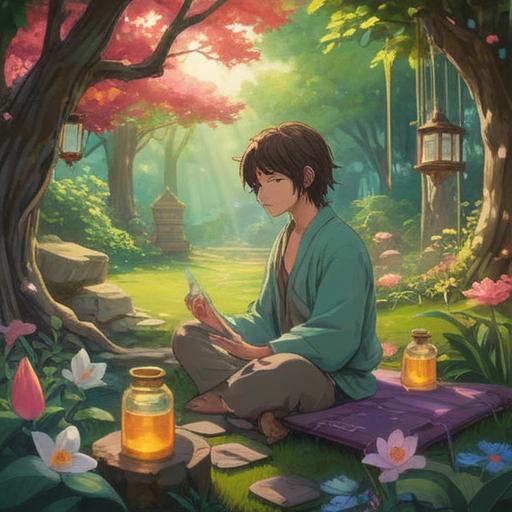 A serene and calming scene of a person meditating in a tranquil garden, surrounded by fragrant flowers and essential oil bottles, soft sunlight filtering through the trees, the atmosphere filled with a sense of peace and balance, harmonious blending of mind and body, vibrant colors reflecting the natural beauty, 4k